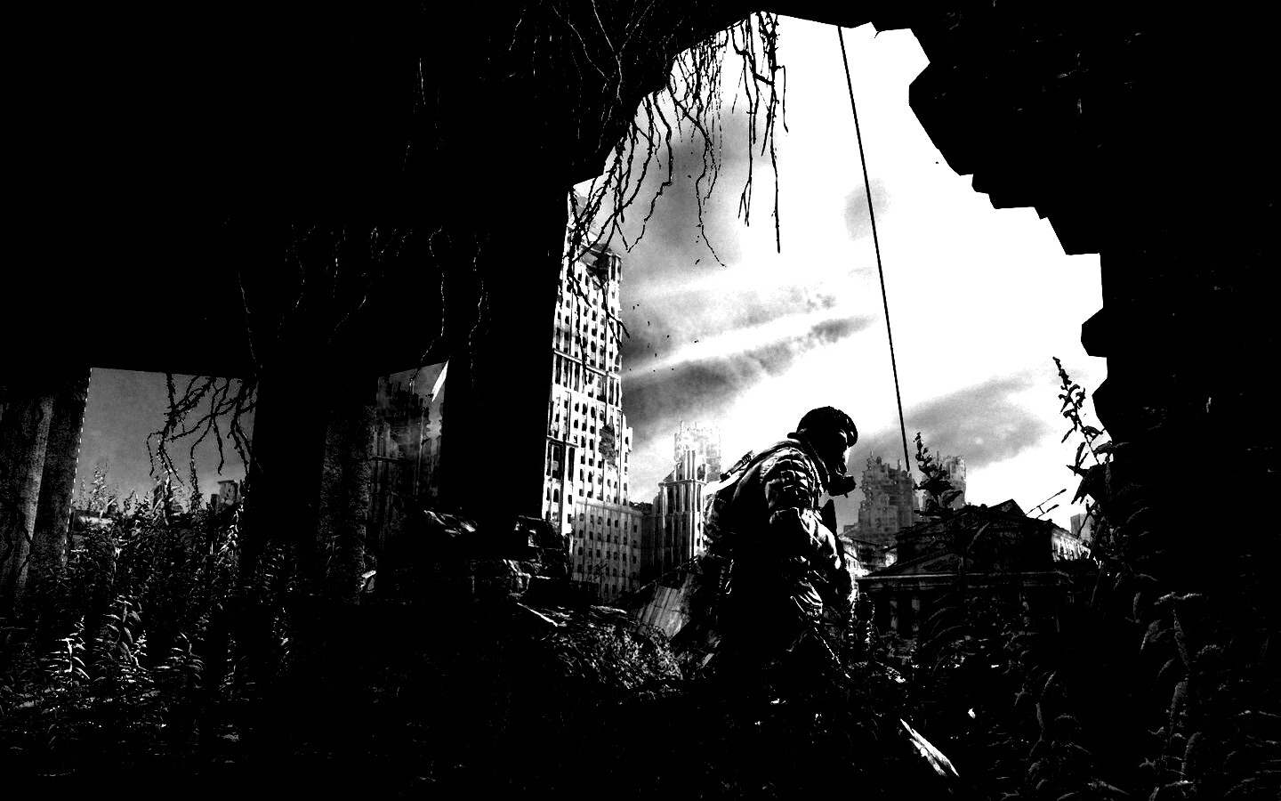 Сталкер в проломе стены обои