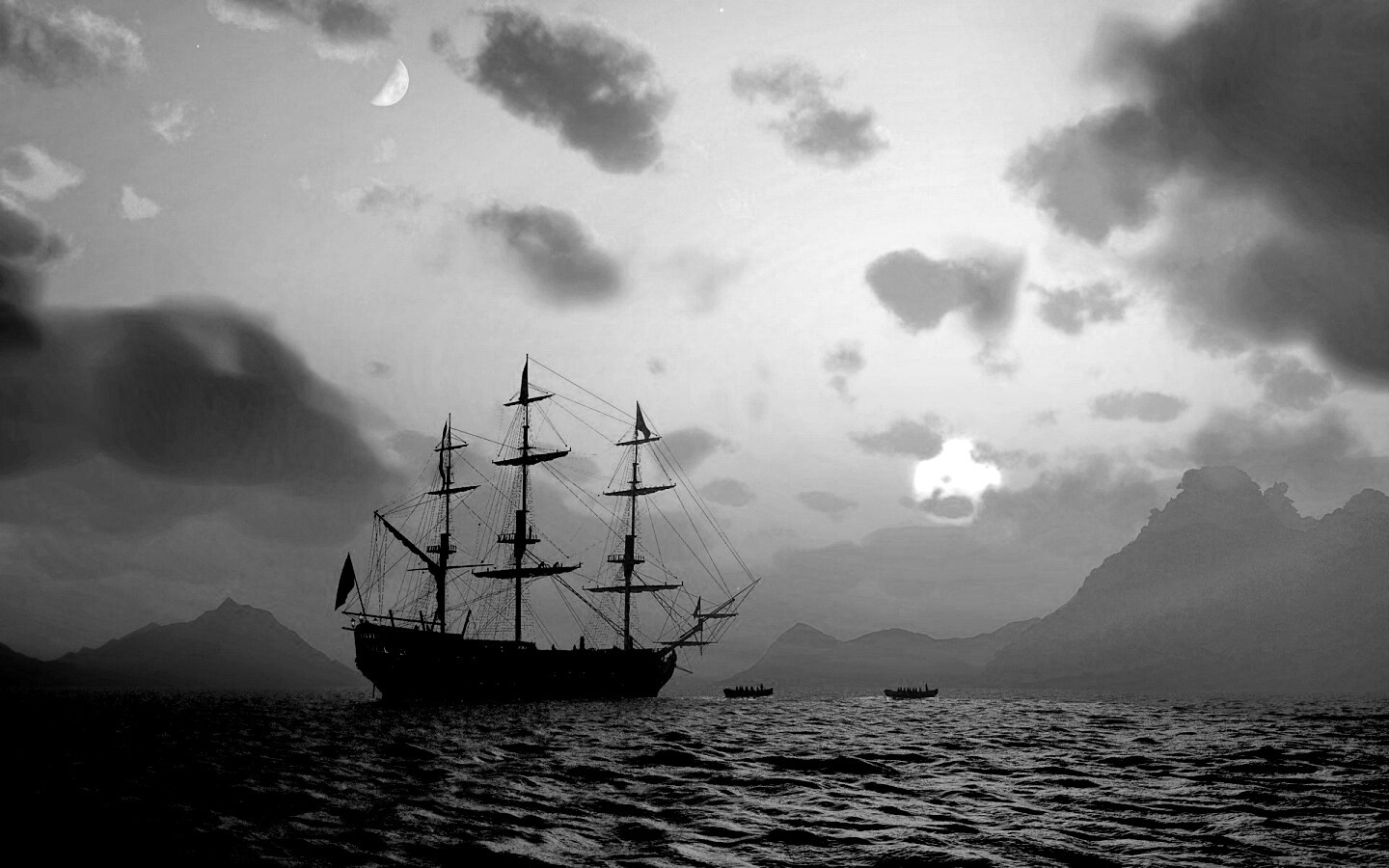 Трехпалубный парусный корабль на закате обои