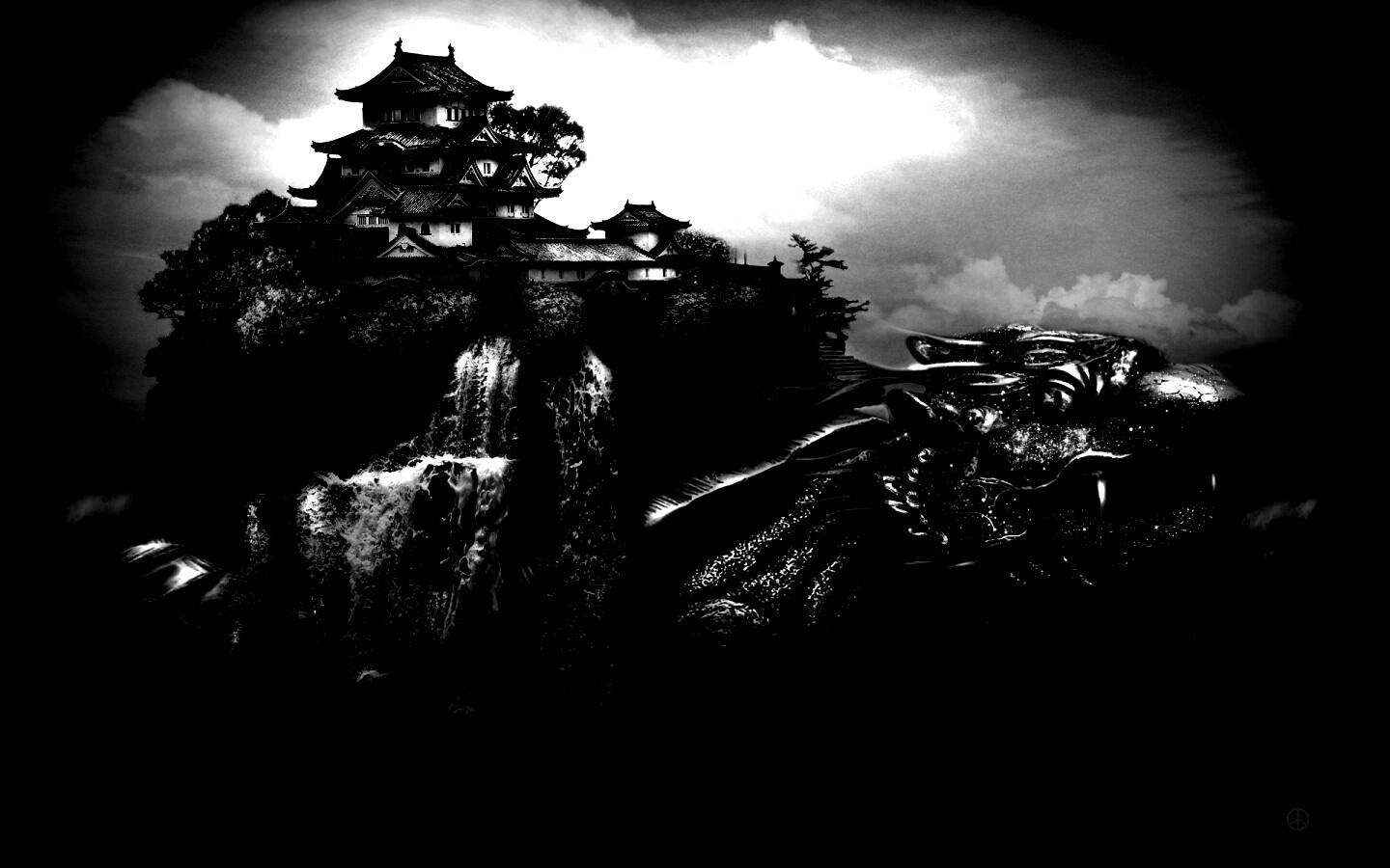 Золотая черепаха и китайская пагода в океане обои