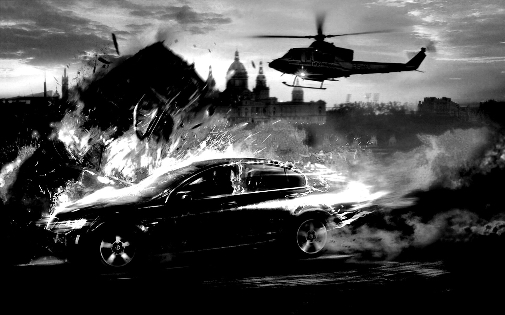 Погоня за горящей машиной обои