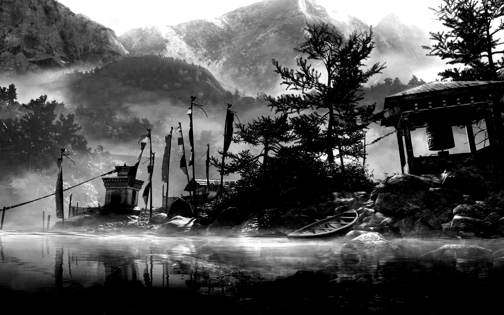 Каменистый берег в тумане обои