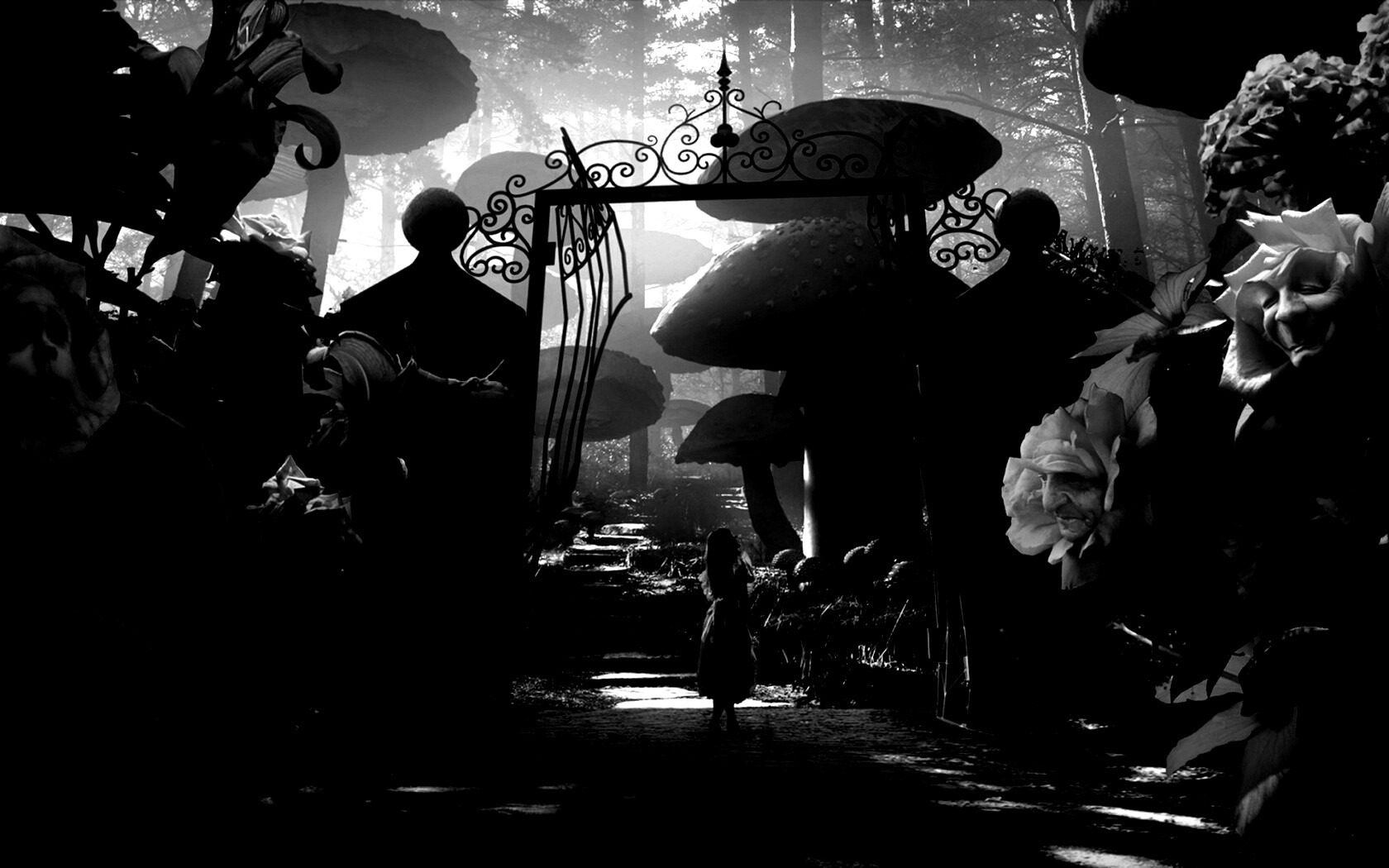 Алиса в стране чудес среди живых цветов обои