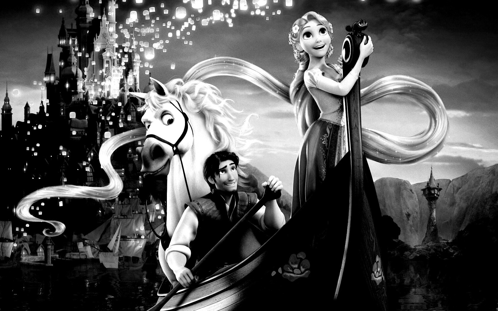 Рапунцель и Флин на лодке обои