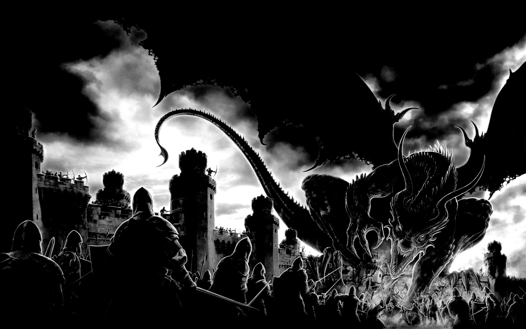 Дракон нападает на замок обои
