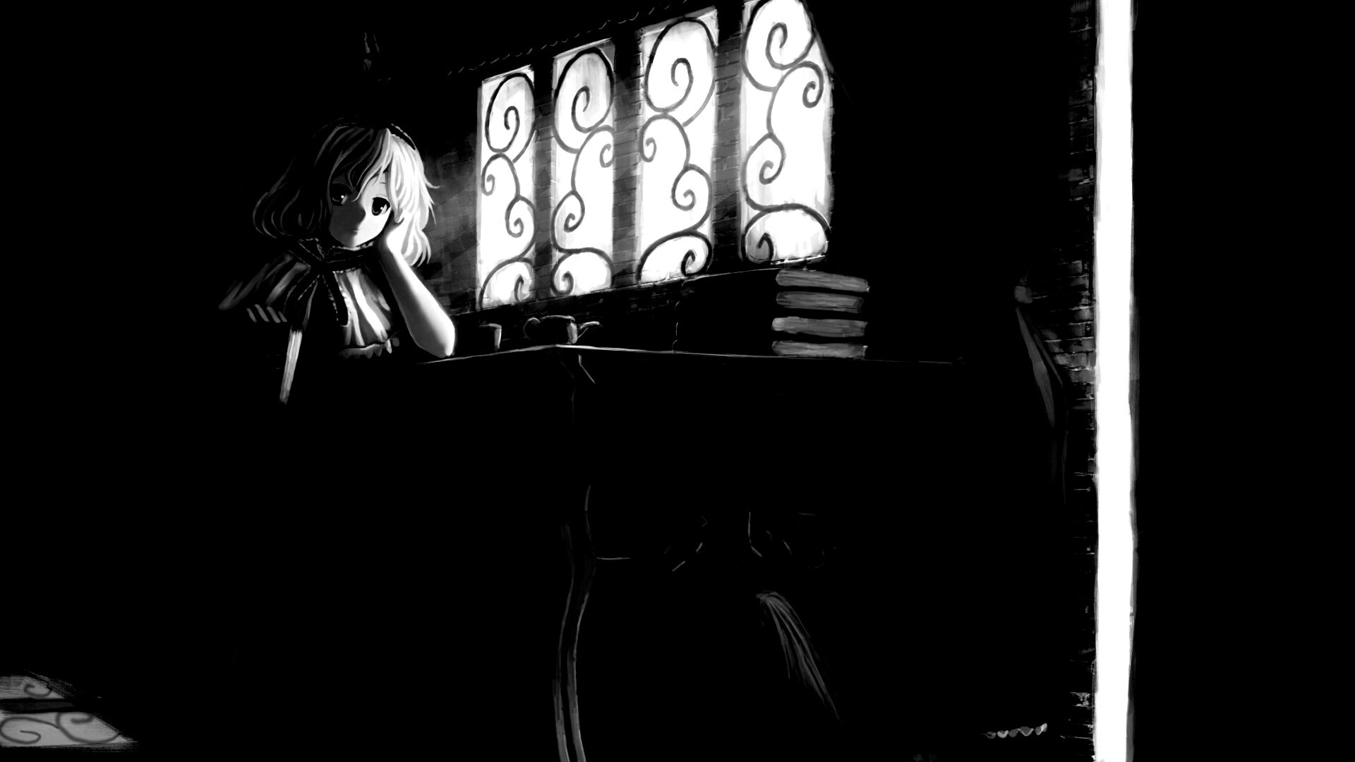 Девочка за столом с книгами обои