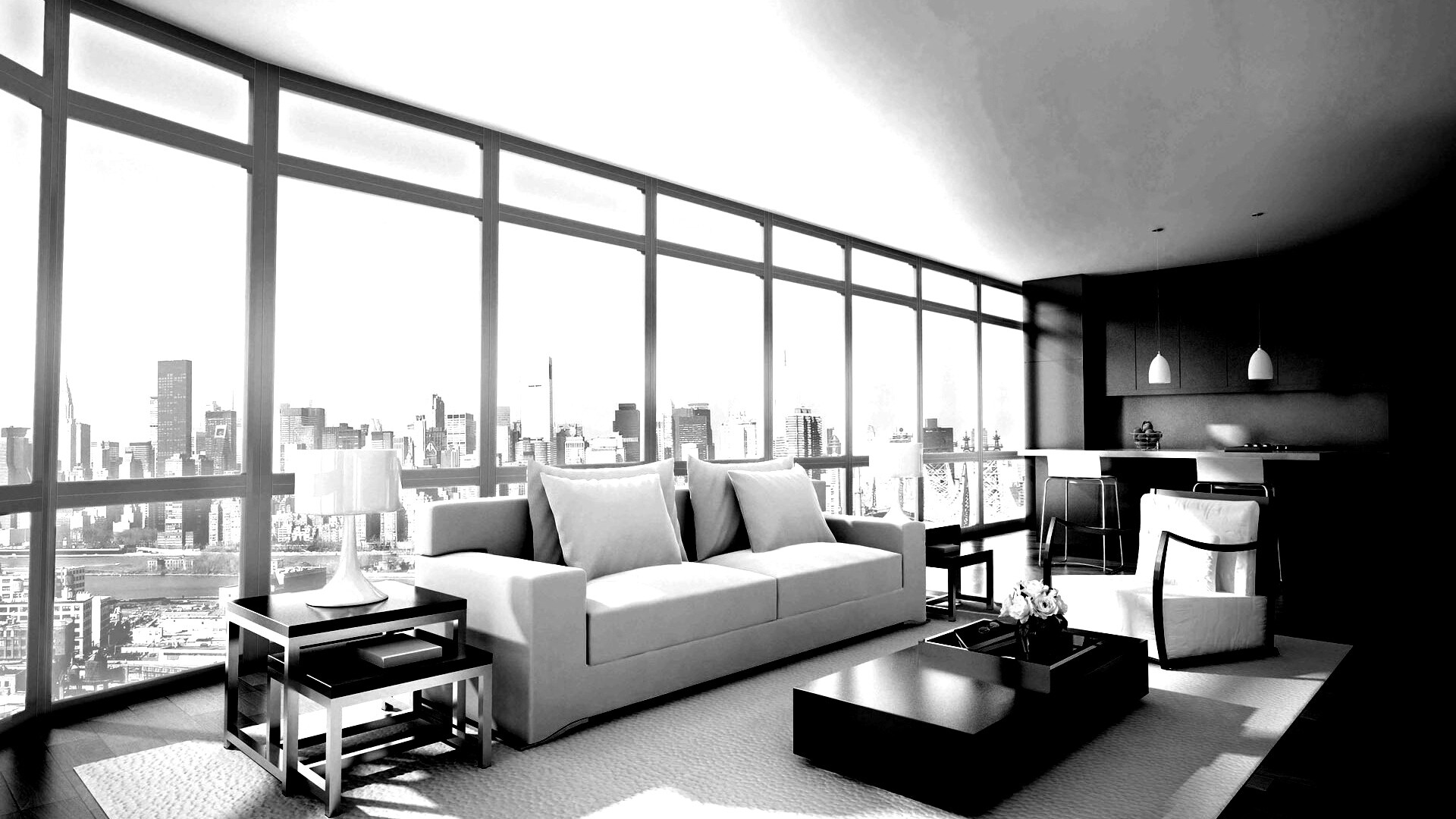 Квартира с видом на мегаполис обои