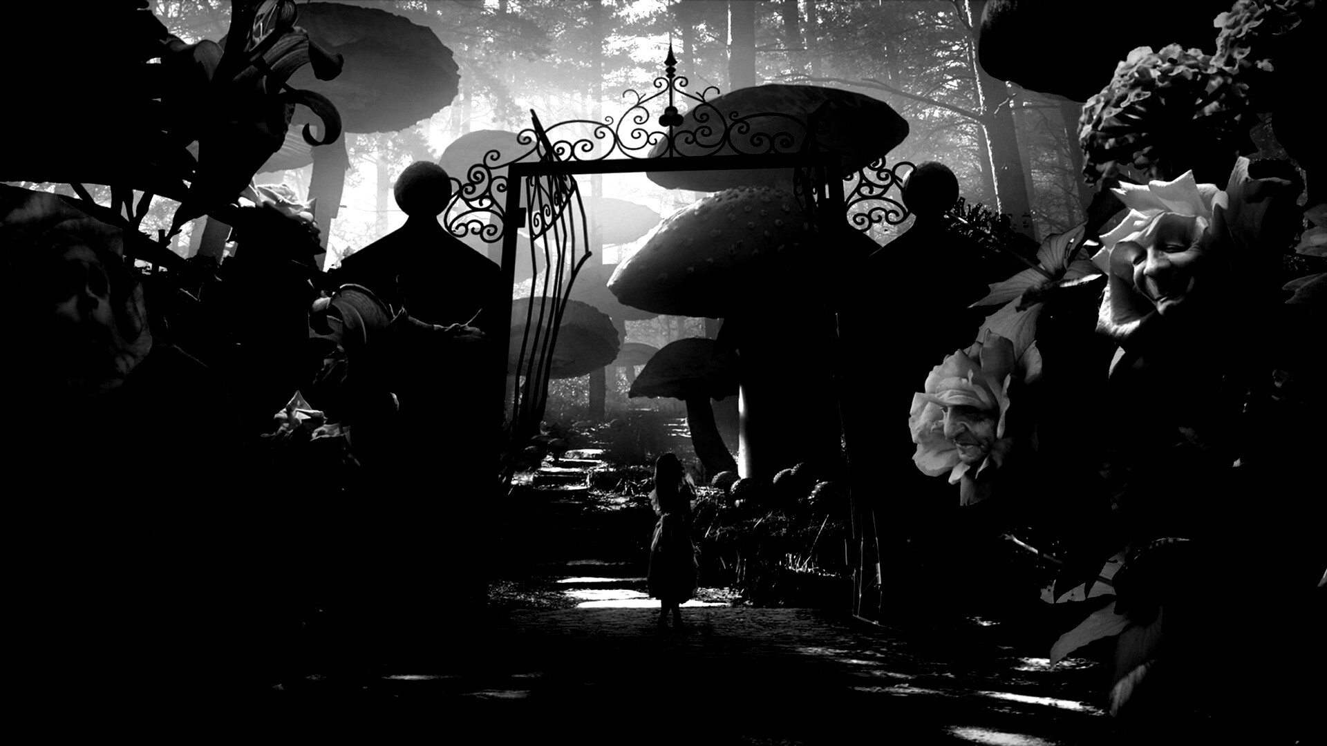 Алиса в стране чудес среди живых цветов обои