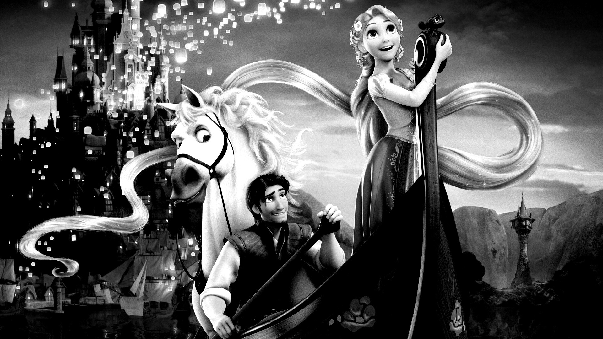 Рапунцель и Флин на лодке обои