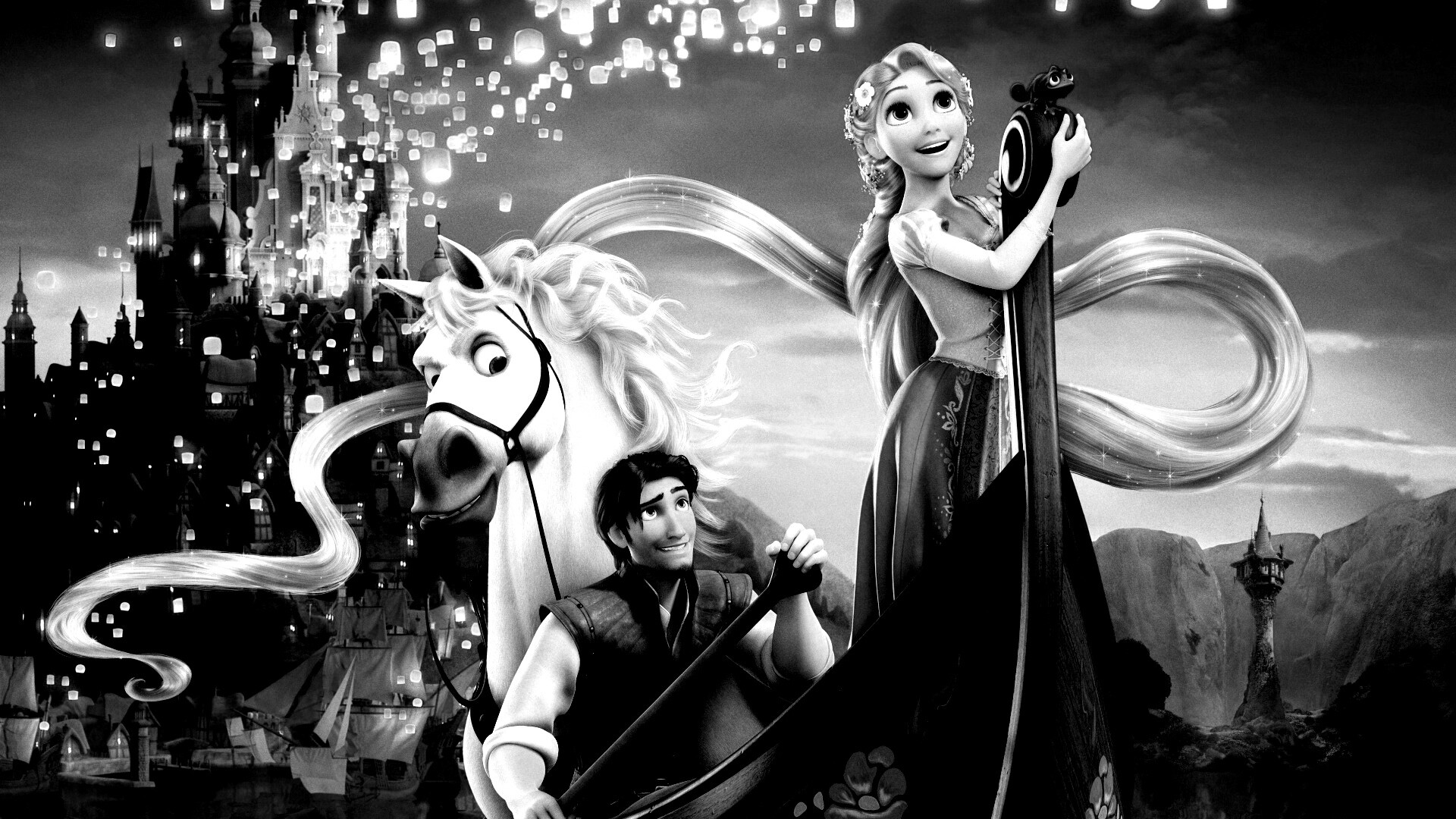 Рапунцель принц и конь в лодке обои