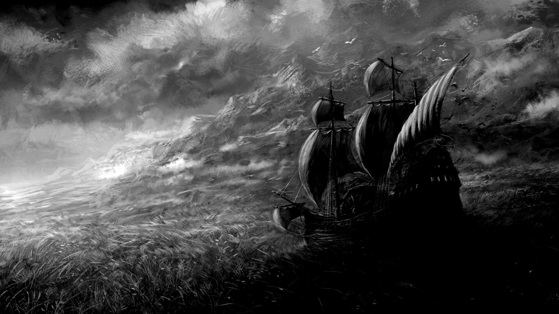 Корабль в море травы обои
