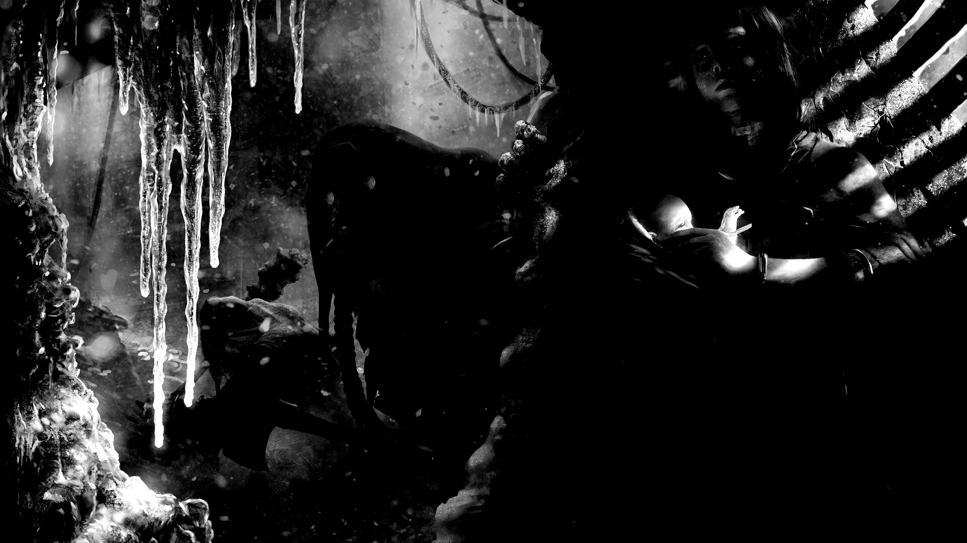 Девушка с ребенком прячется от монстра обои