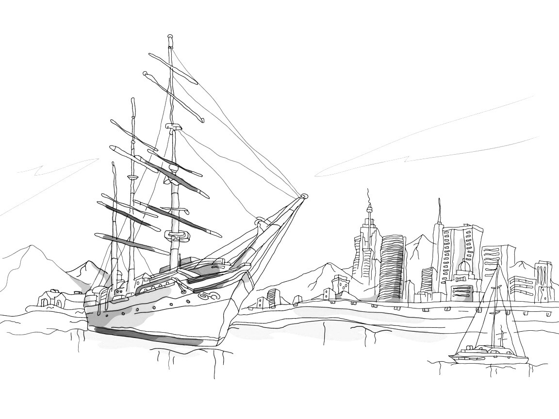 Парусник у города обои