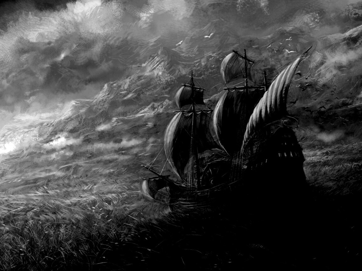 Корабль в море травы обои