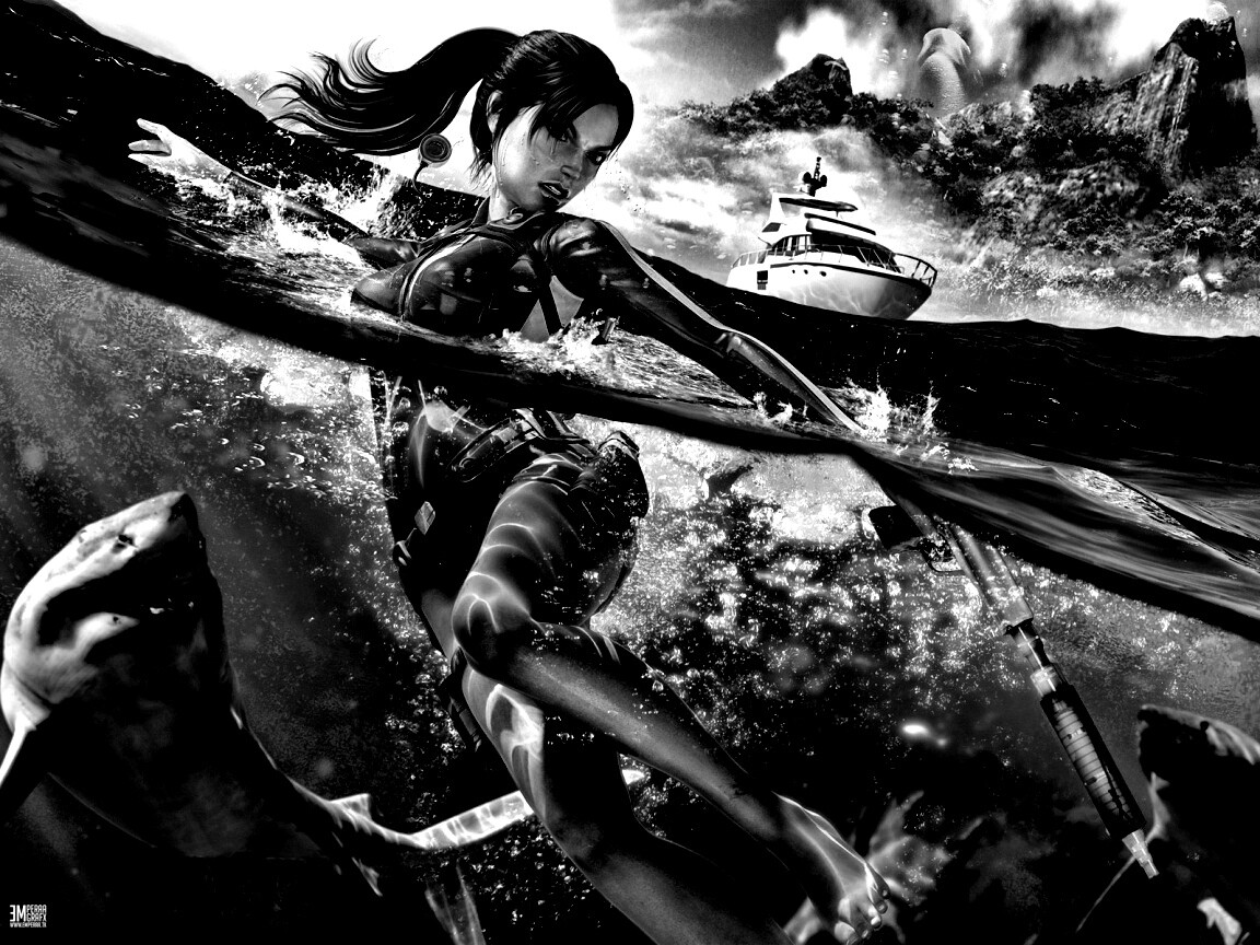 Лара Крофт против акул обои