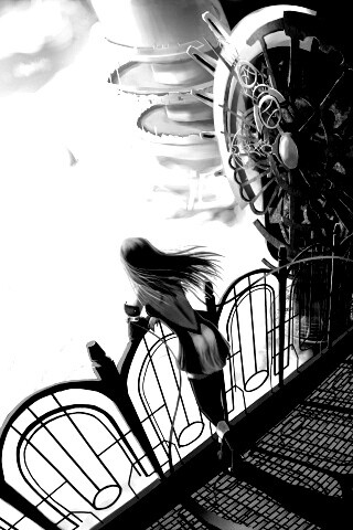 Девушка в городе над облаками обои