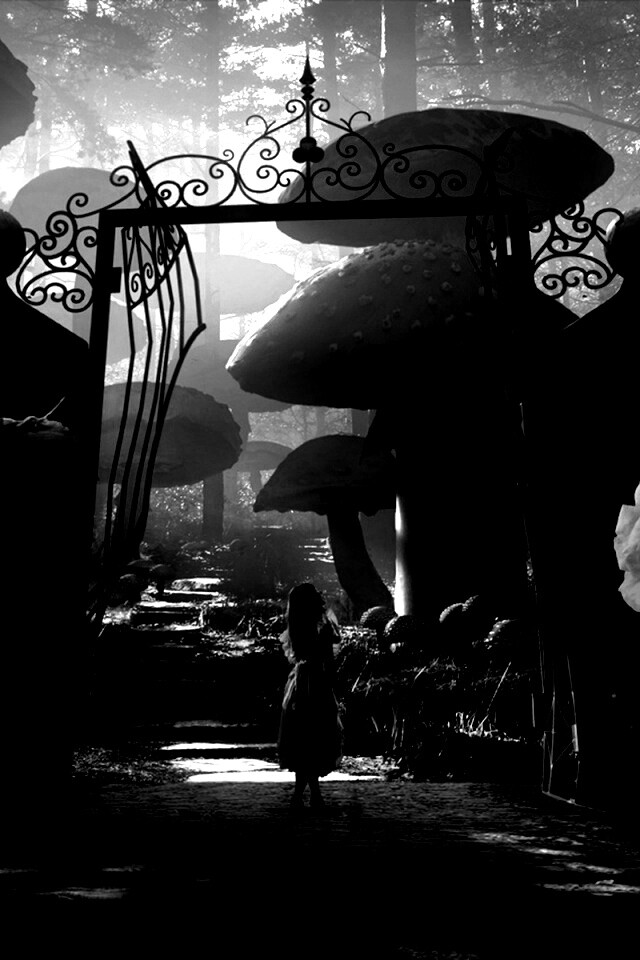 Алиса в стране чудес среди живых цветов обои