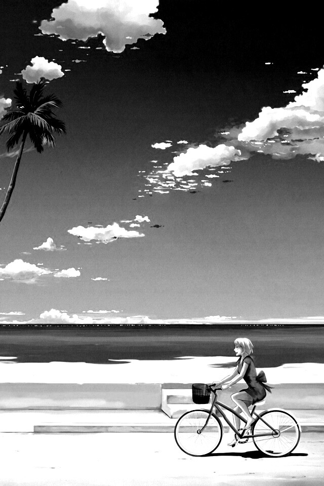 Девушка едет на велосипеде вдоль берега обои