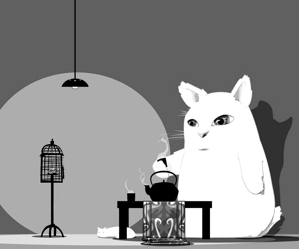 Кот пьет чай обои