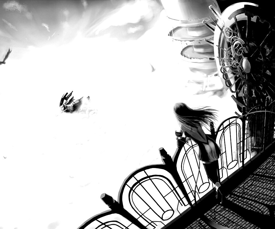 Девушка в городе над облаками обои