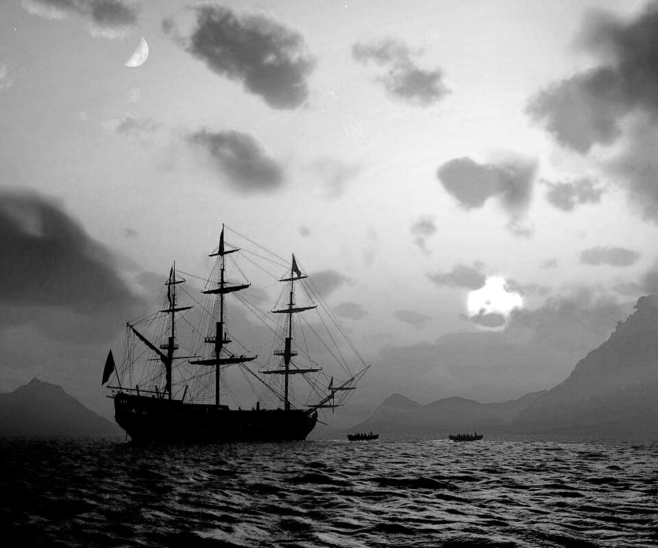 Трехпалубный парусный корабль на закате обои