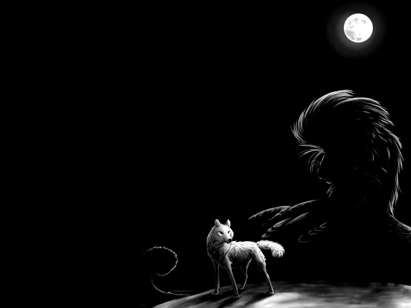 Волк и лев при луне обои