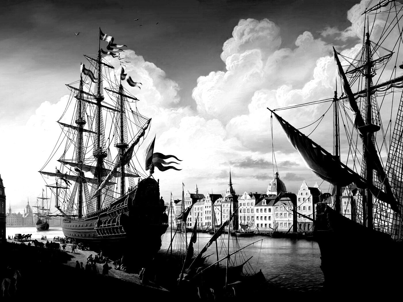 Парусник на набережной обои