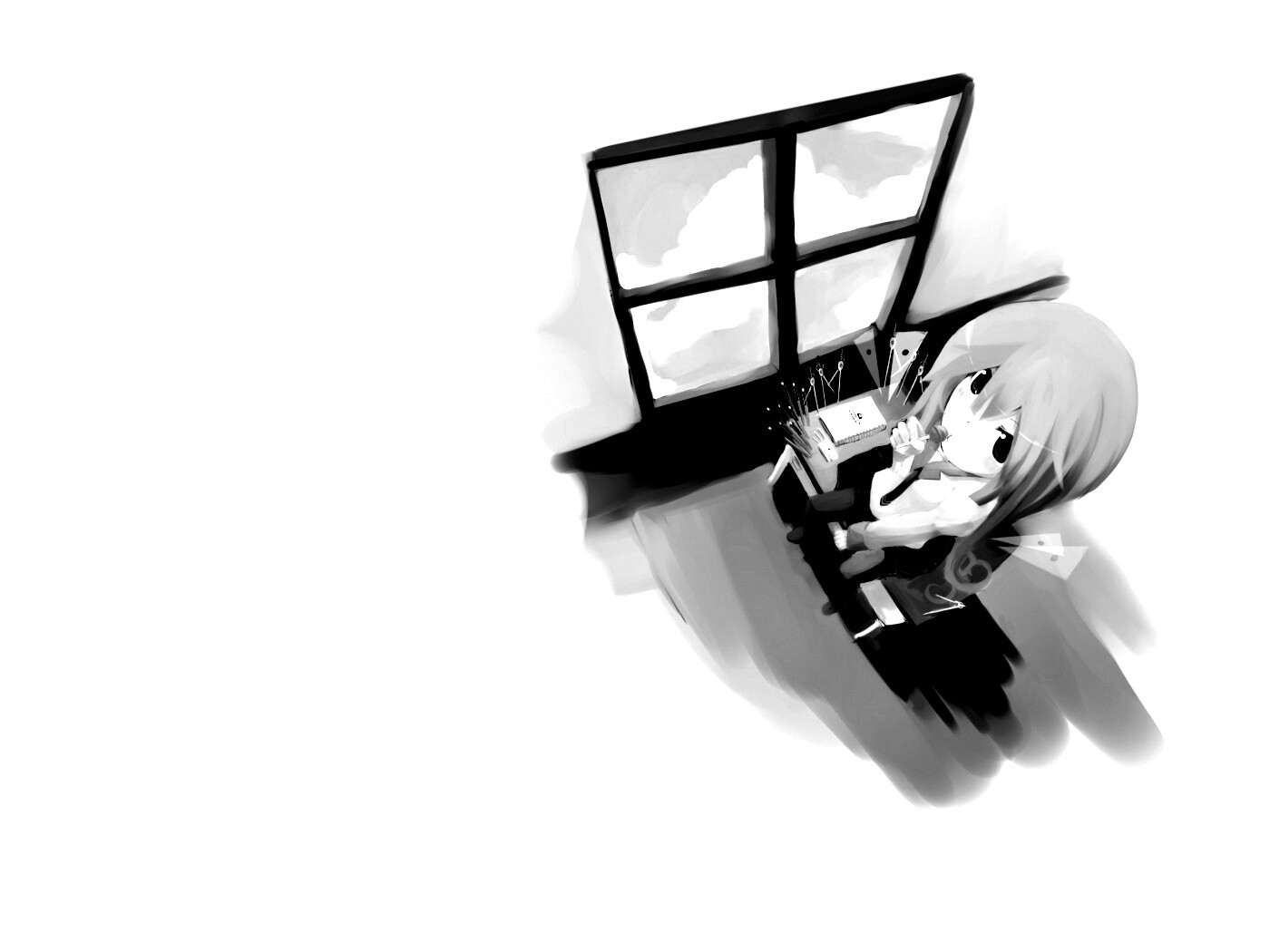 Школница с конфетой у окна обои