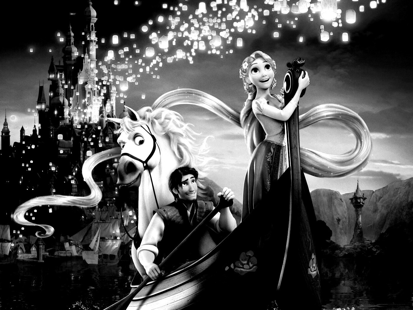 Рапунцель принц и конь в лодке обои