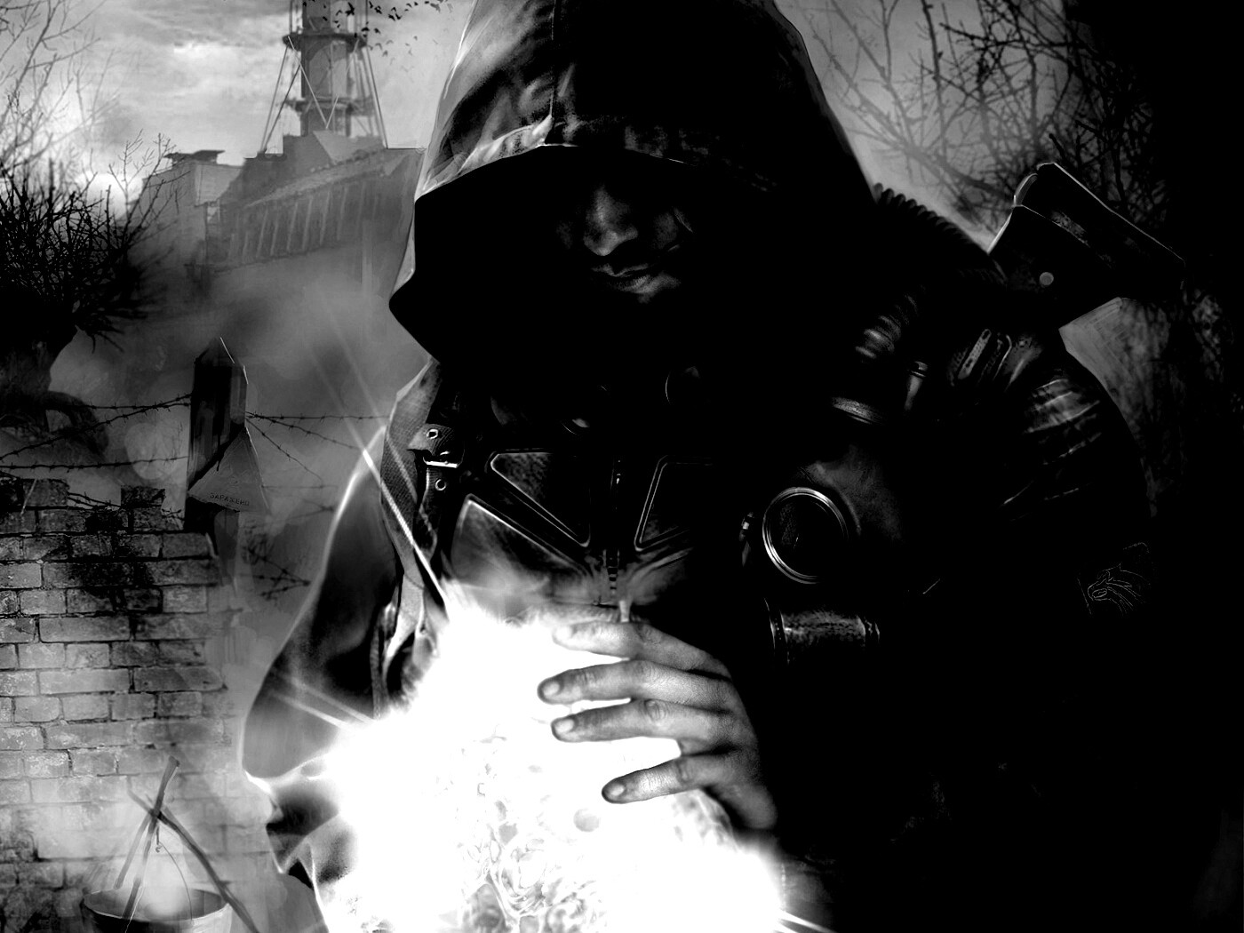 Сталкер с энергетическим артефактом в руках обои