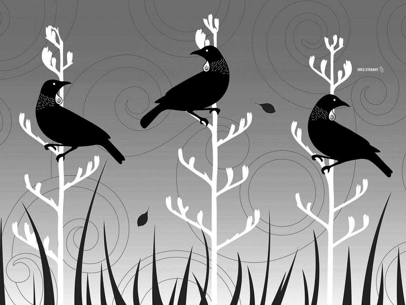 Векторные стилизованные птицы на ветках дерева обои