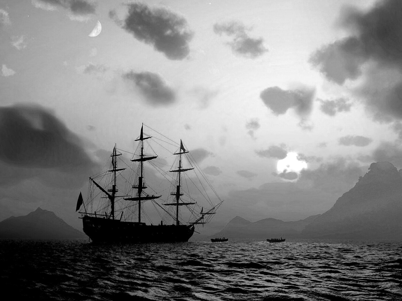 Трехпалубный парусный корабль на закате обои