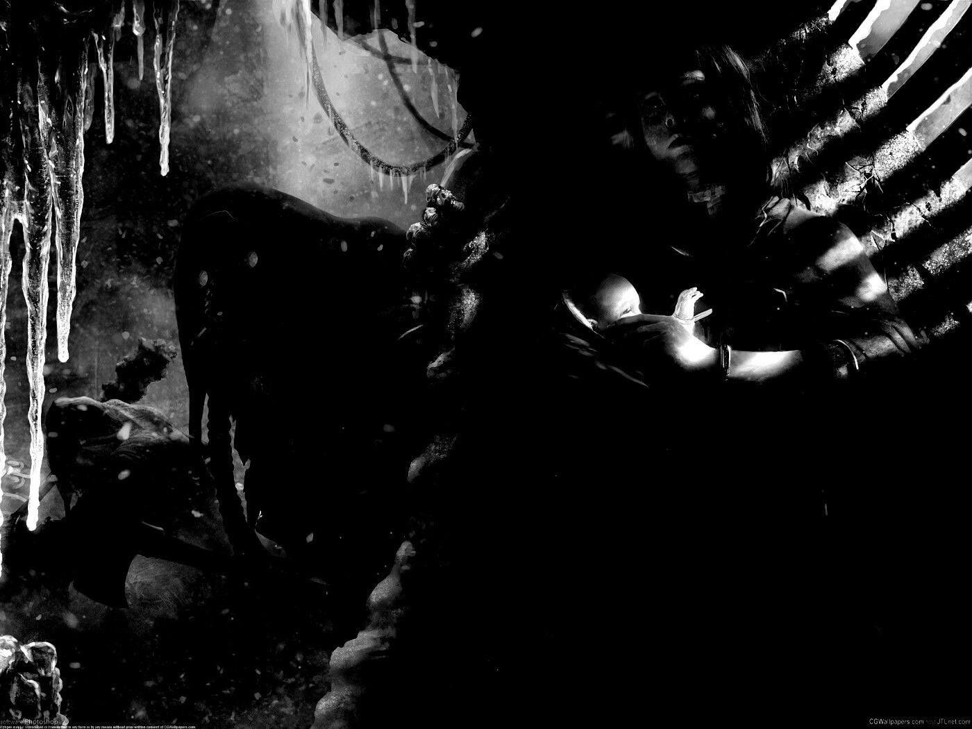 Девушка с ребенком прячется от монстра обои