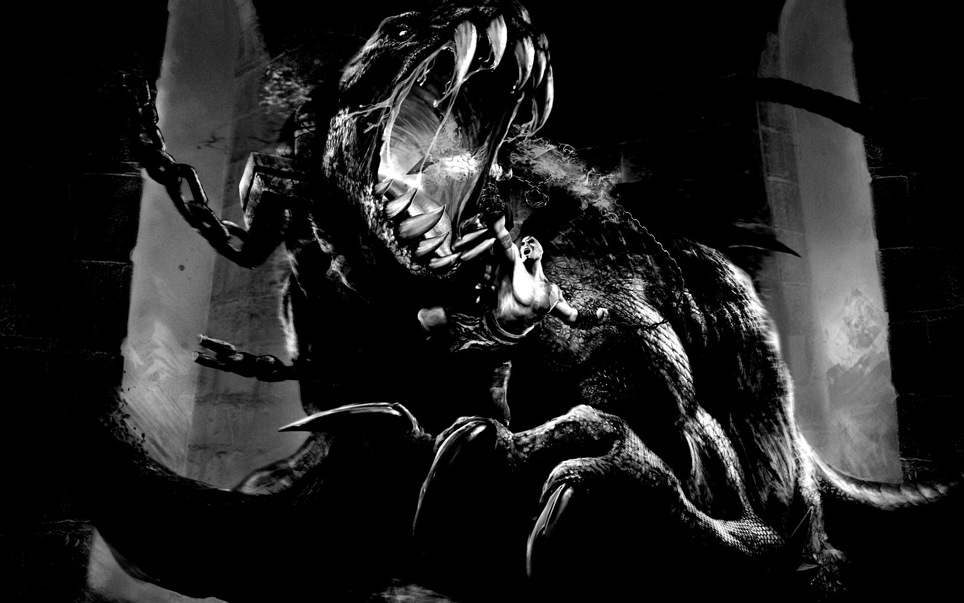 Кратос против динозавра обои