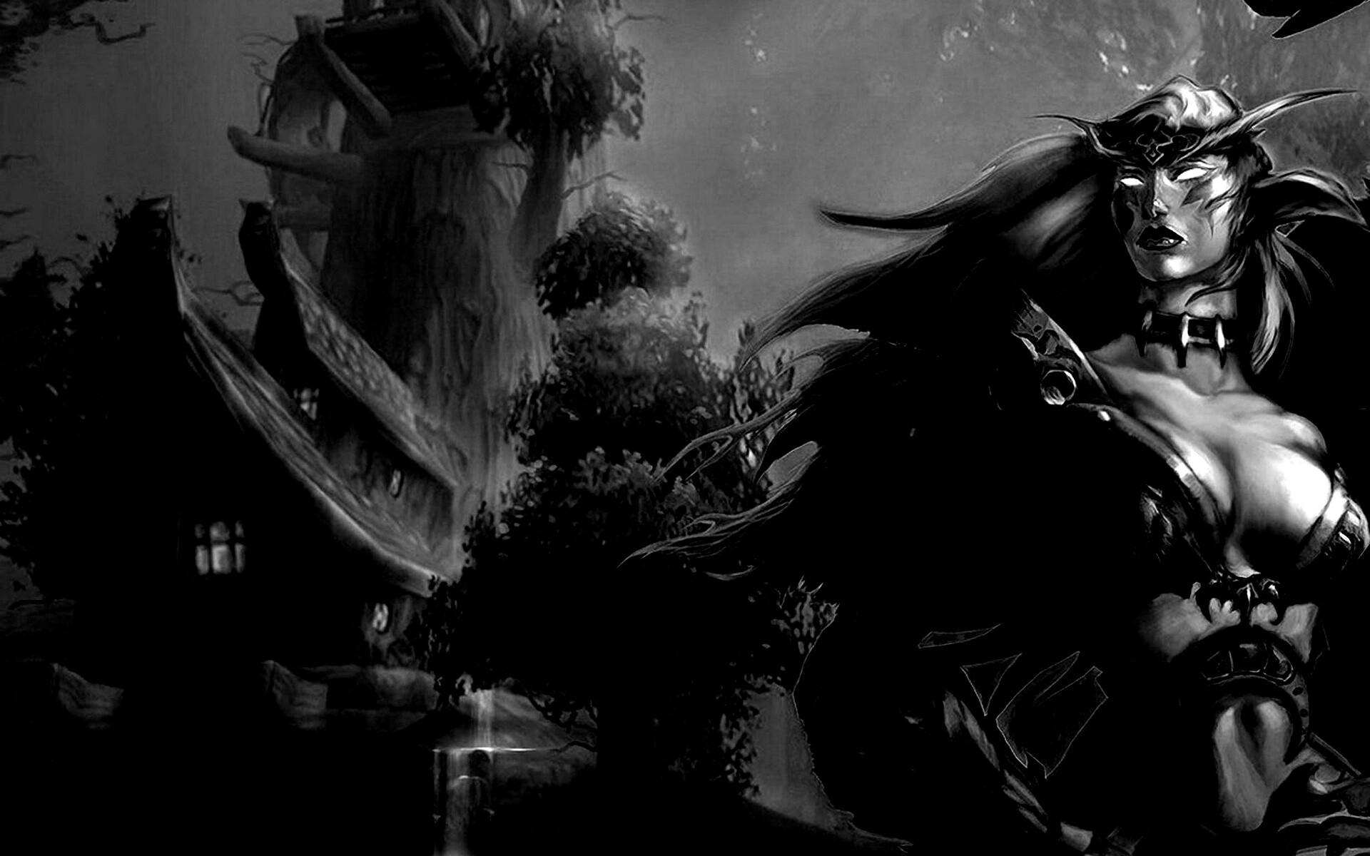 Тёмная эльфика в лесу обои