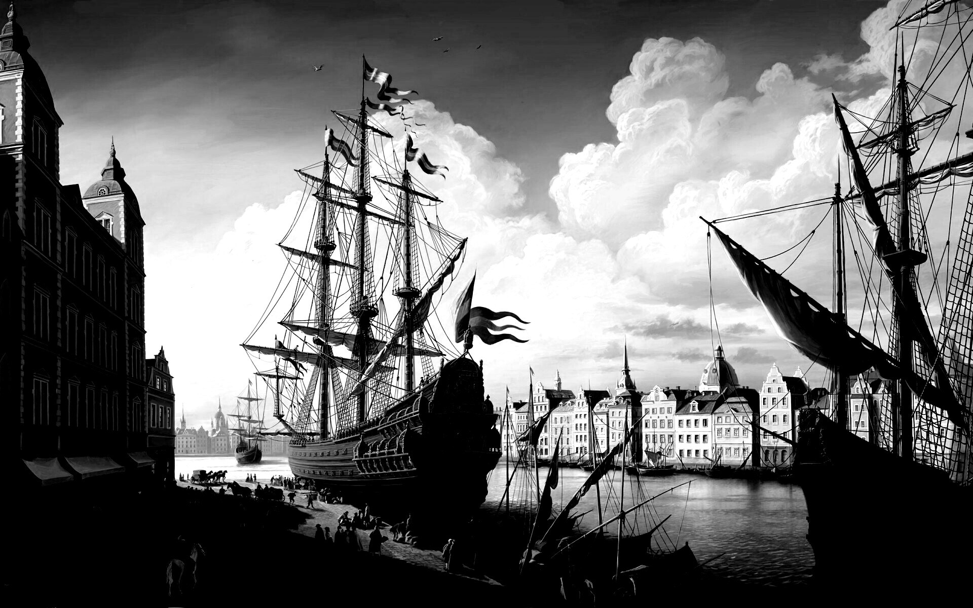 Парусник на набережной обои