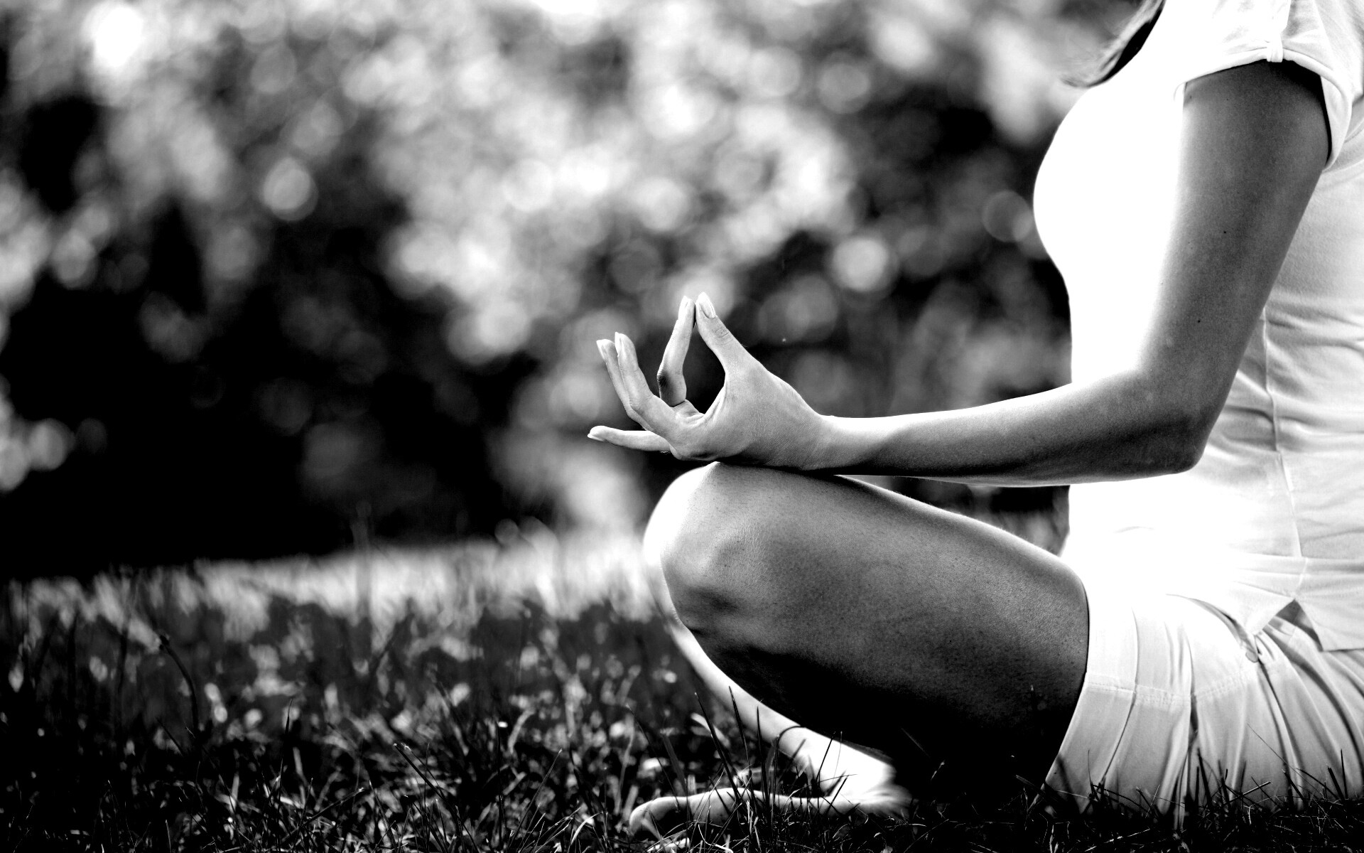 Девушка медитирует в позе лотоса на траве обои