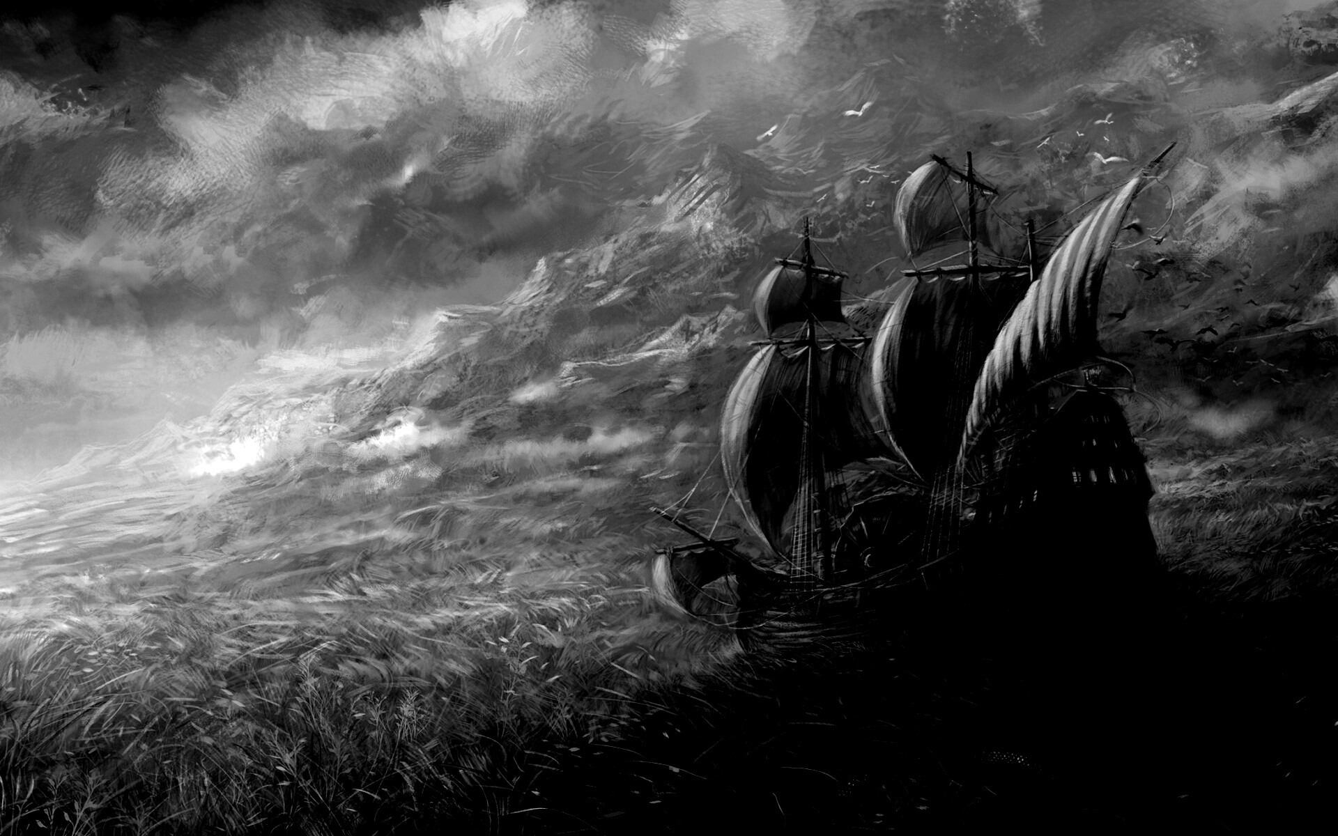 Корабль в море травы обои