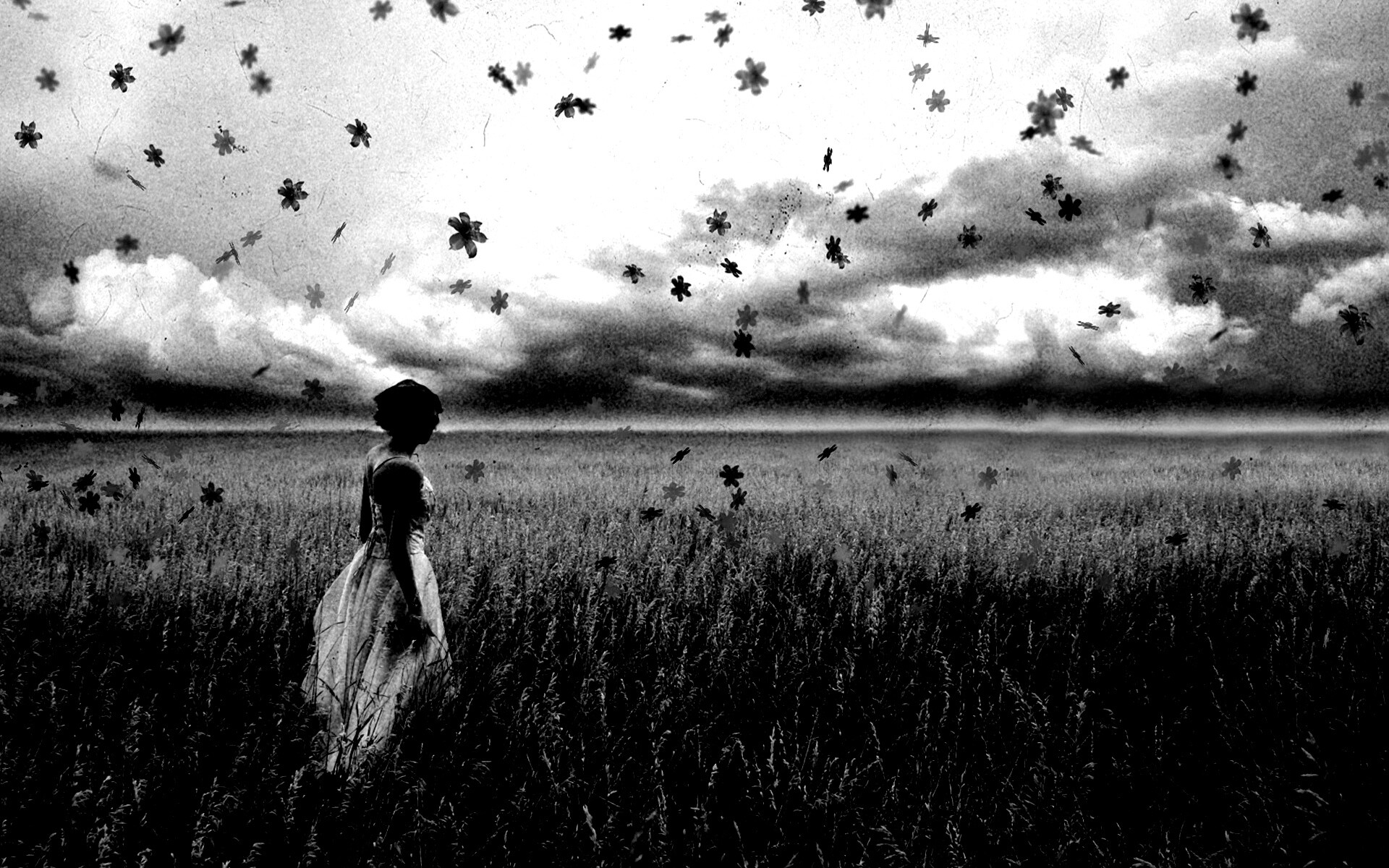 Грустная девушка в поле травы обои