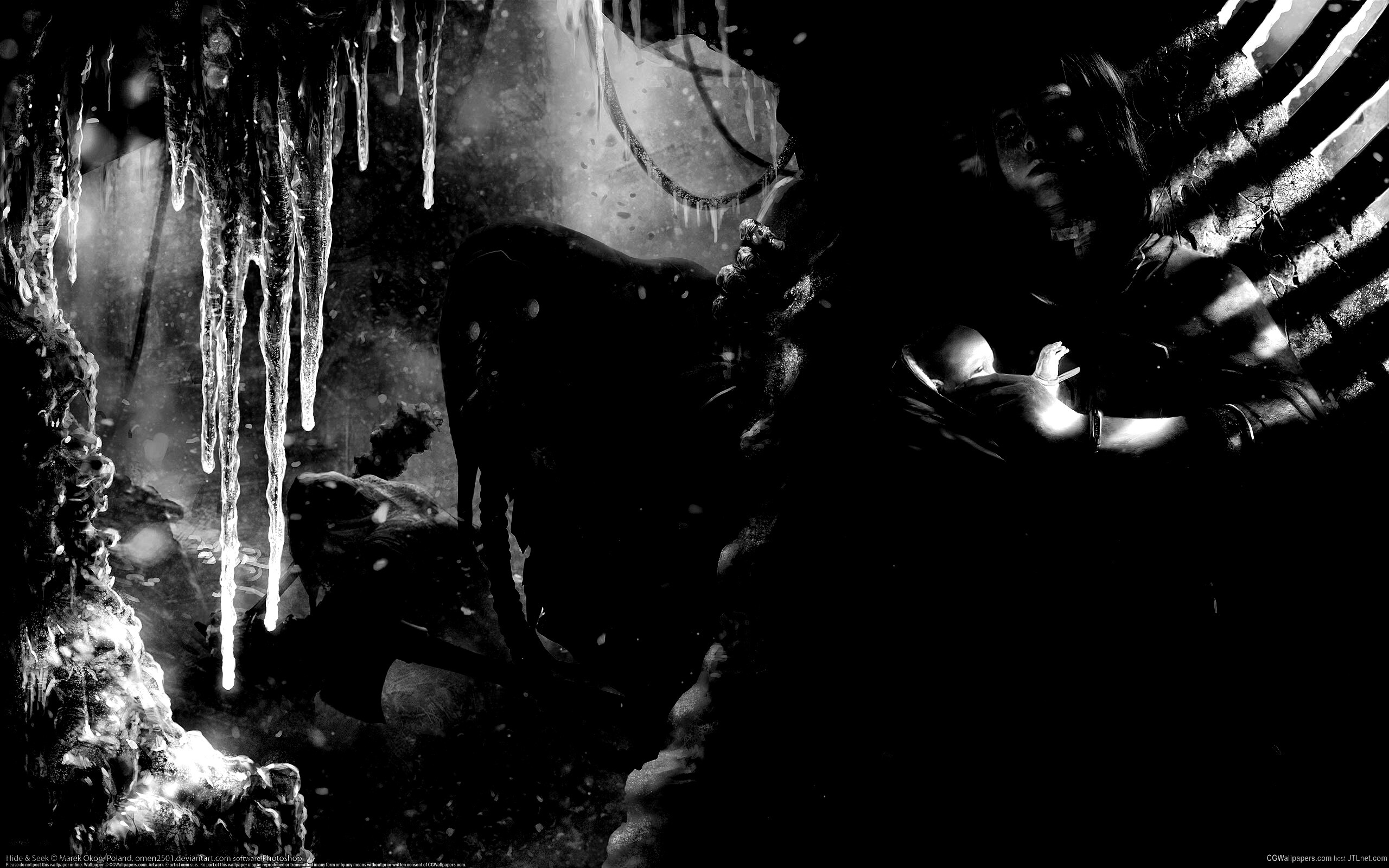 Девушка с ребенком прячется от монстра обои