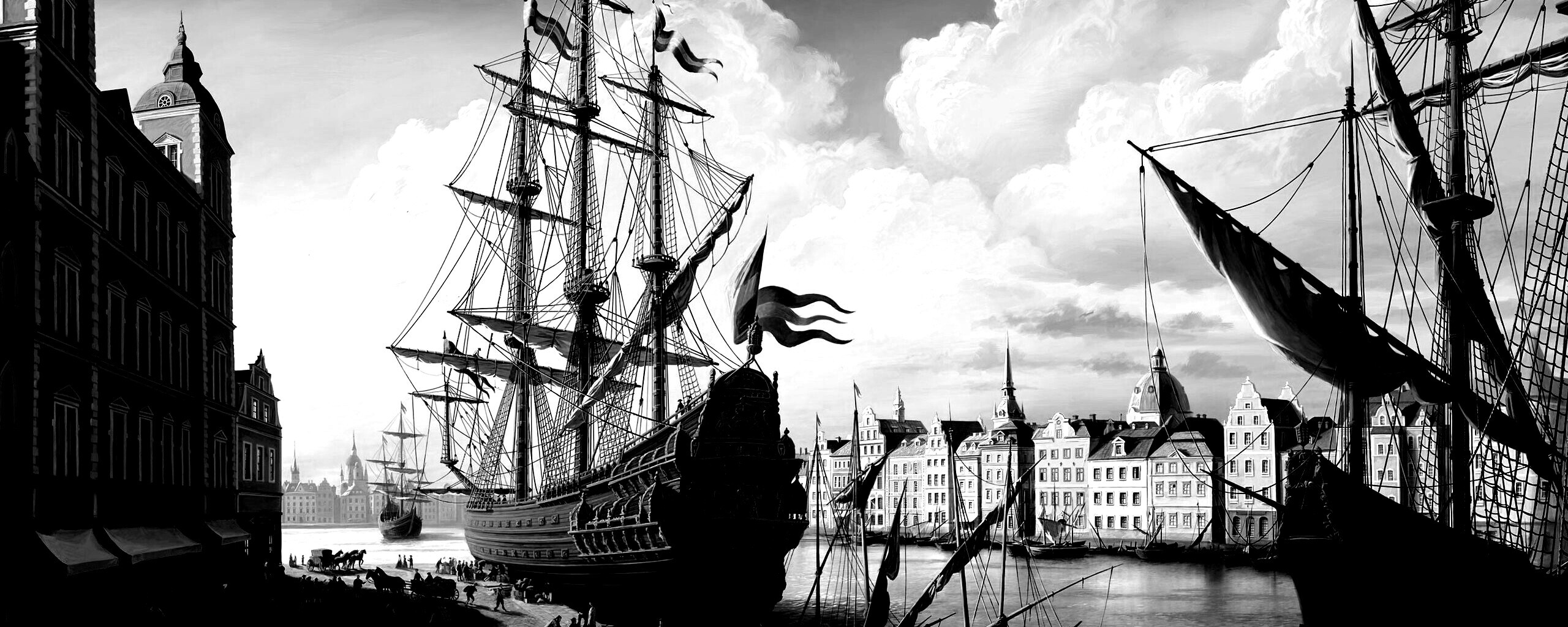 Парусник на набережной обои