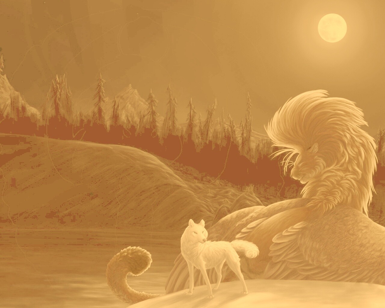 Волк и лев при луне обои