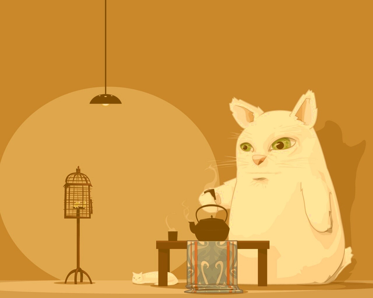 Кот пьет чай обои