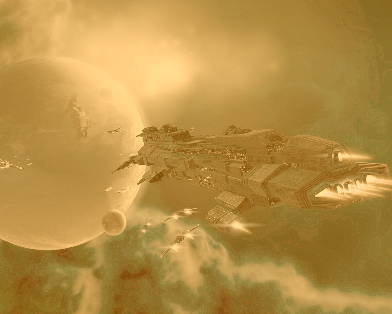 Космический флот атакует планету обои