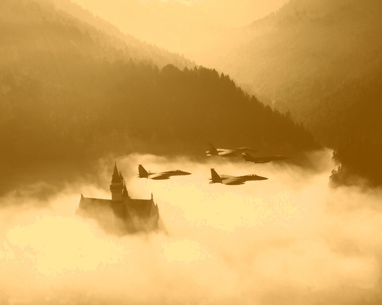 Истребители над замком обои
