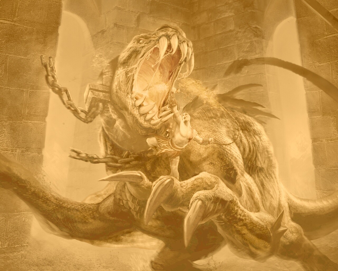 Кратос против динозавра обои