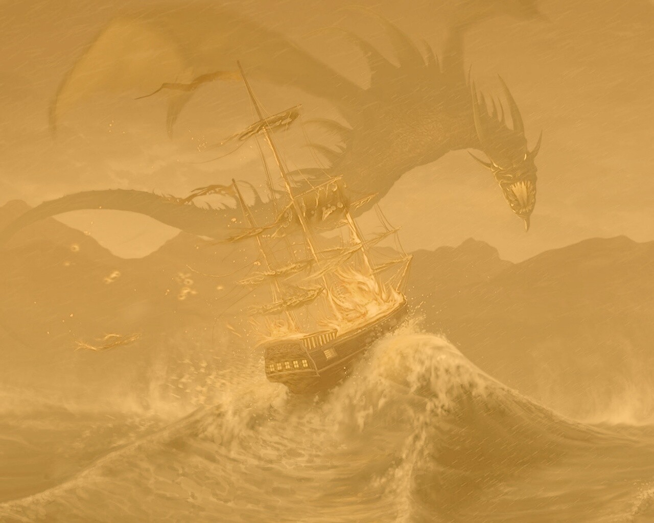 Дракон нападает на корабль обои