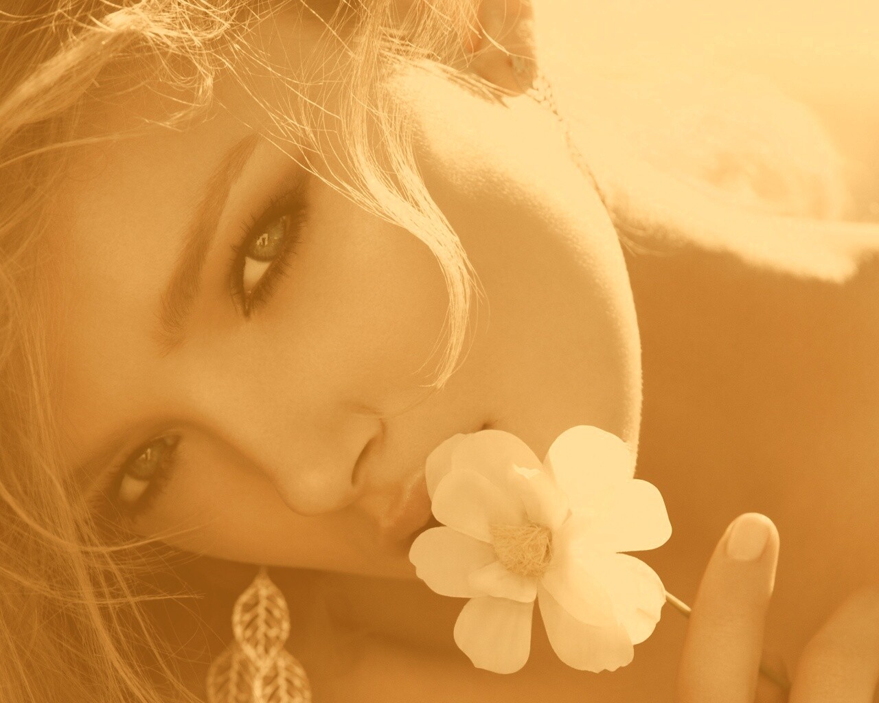 Красавица с белым цветком обои