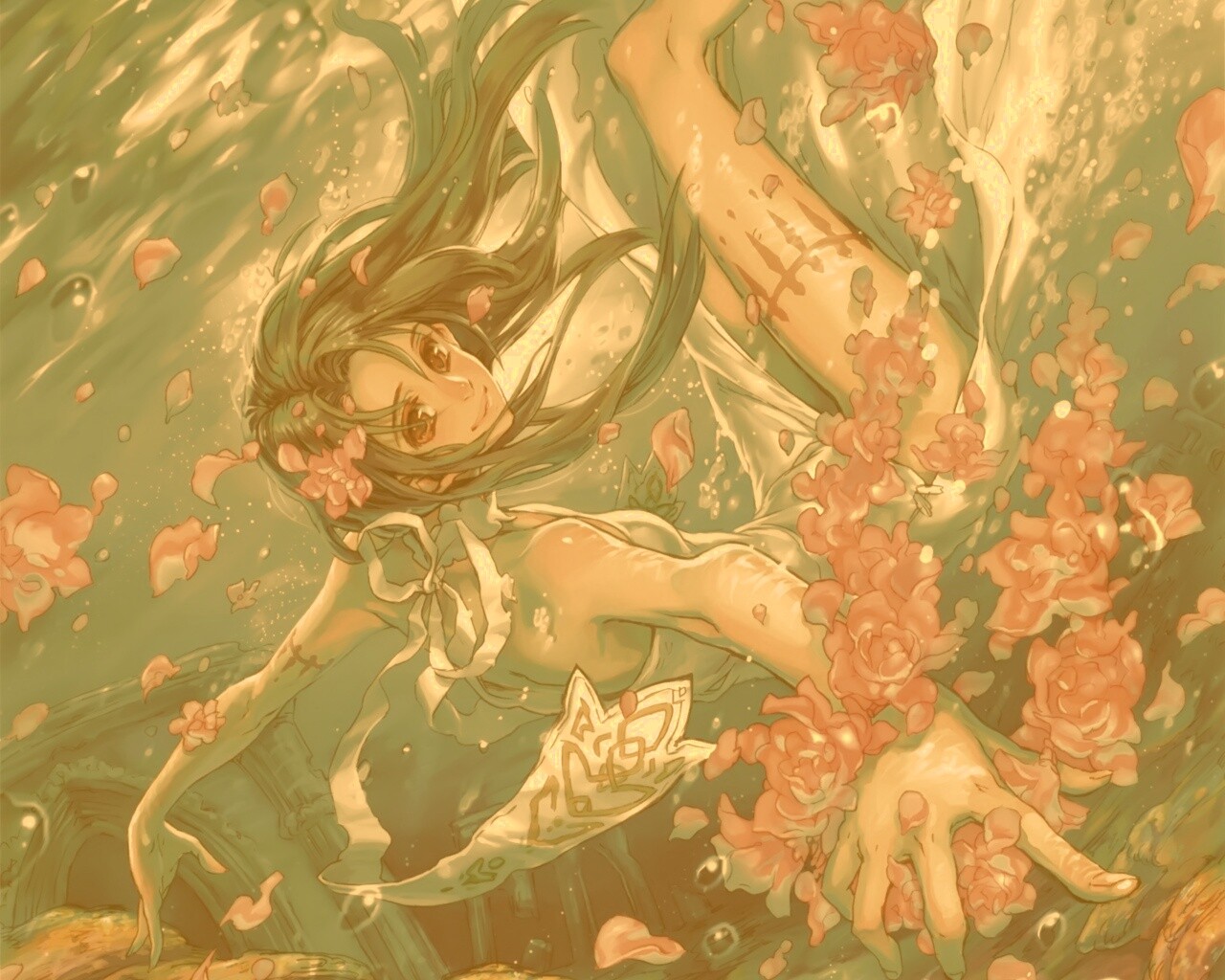 Девушка из аниме под водой обои