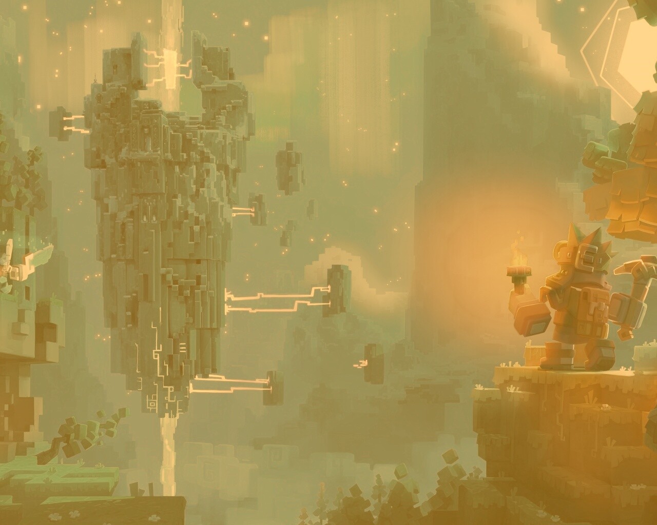 Парень с киркой и факелом смотрит в даль обои