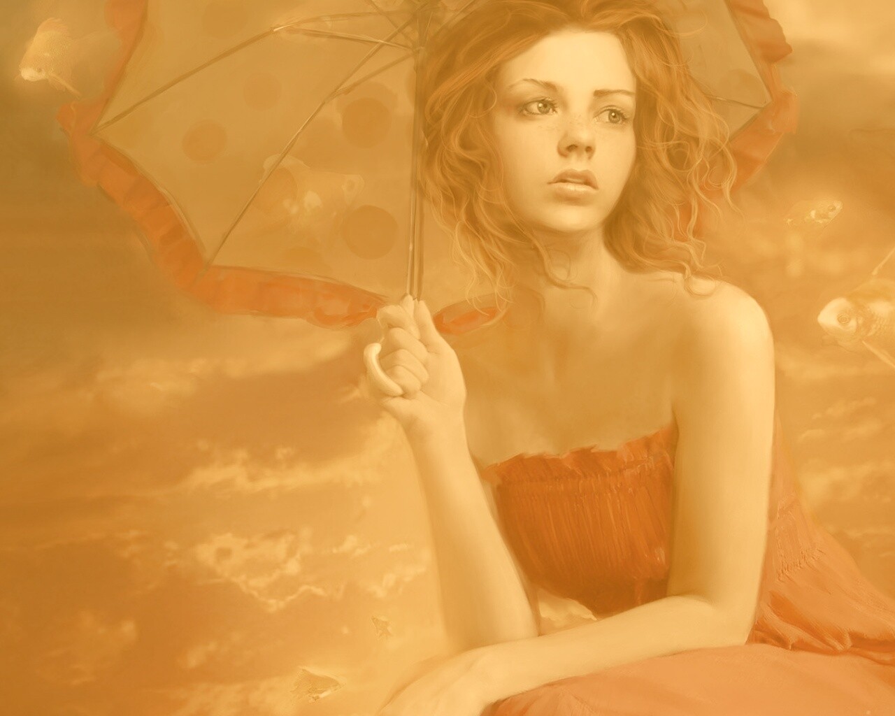 Девушка с зонтиком обои